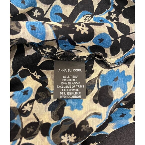Anna Sui Silk Dress Floral Bias Cut Sheer w/Slip Womens 6P Blue Black Flutter - Picture 9 of 14